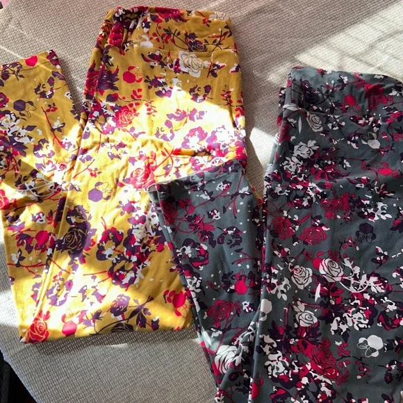 LuLaRoe Floral Leggings - Yellow and Gray - Picture 1 of 3